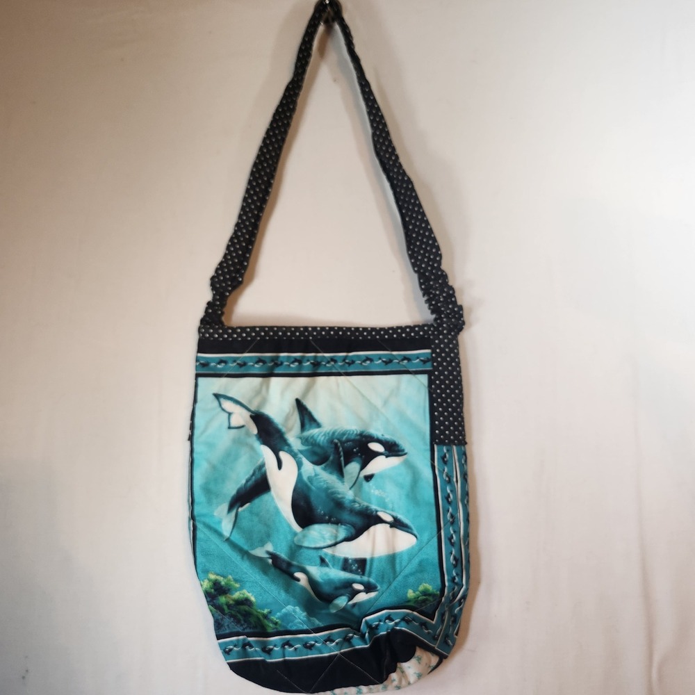 Handmade Reversible Quilted Cotton Shoulder Bag Orca Dolphin Marine Life Blue